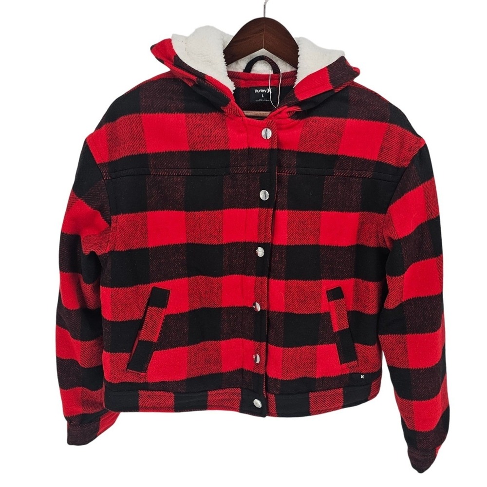 Hurley Sherpa Lined Coat Jacket Womens L Buffalo Plaid Full Zip With Snaps‎ Y2K